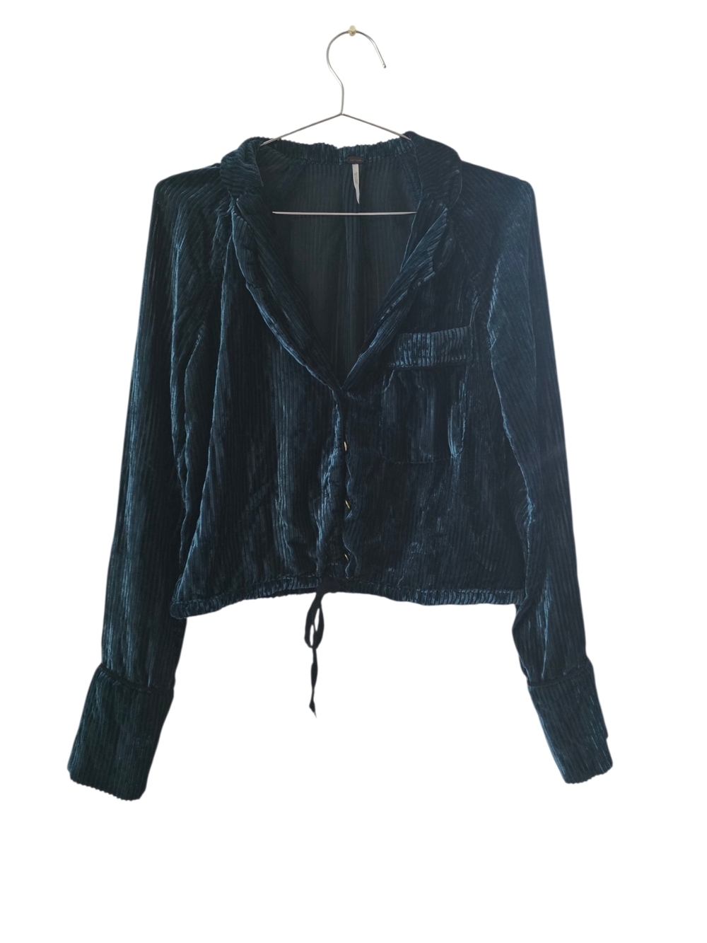 Free People Velvet Button-Front Crop Blouse in Deep Teal